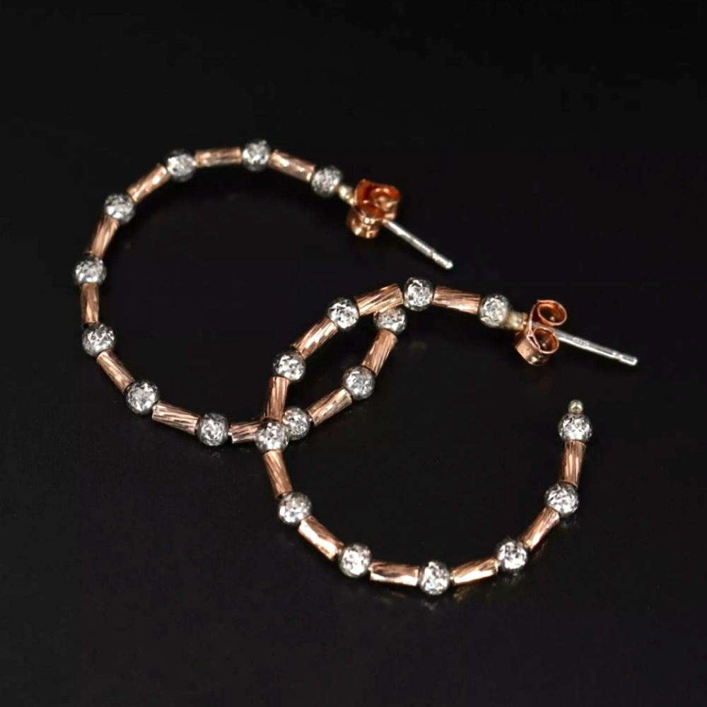 Sterling Silver 925 Two-Tone Diamond-Cut Ball & Bar Hoop Post Earrings Rose Gold